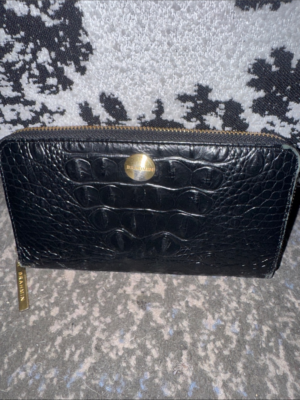 Brahmin Black Croc-Embossed Zip-Around Wallet with Gold Hardware